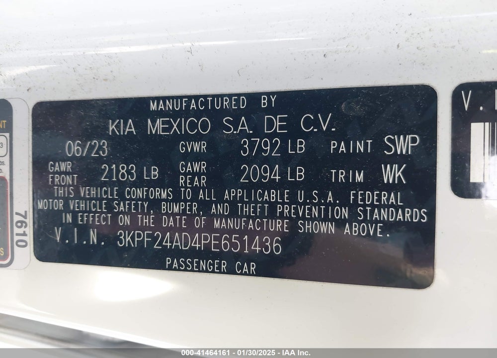 2023 KIA FORTE LXS VIN: 3KPF24AD4PE651436
