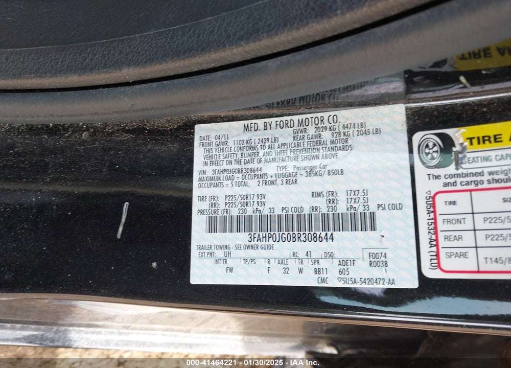 2011 FORD FUSION SEL VIN: 3FAHP0JG0BR308644