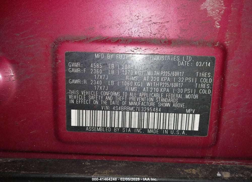 2014 SUBARU OUTBACK VIN: 4S4BRBMC7E3295484