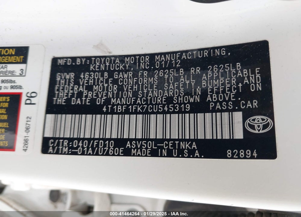 2012 TOYOTA CAMRY LE VIN: 4T1BF1FK7CU545319