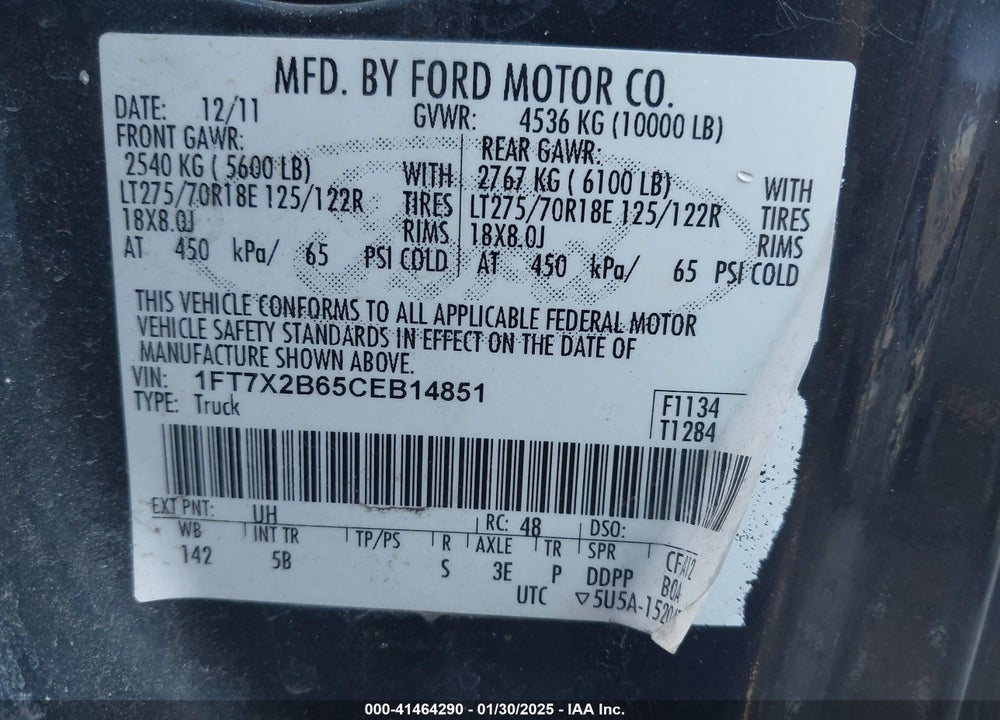 2012 FORD F250 VIN: 1FT7X2B65CEB14851
