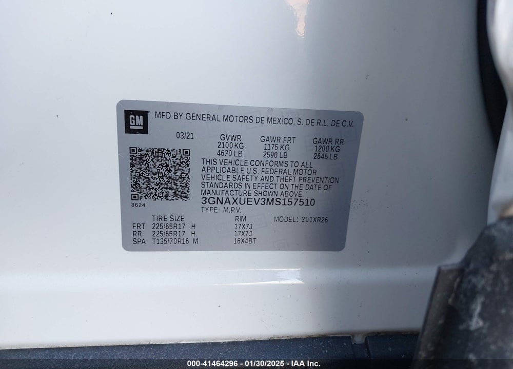 2021 CHEVROLET EQUINOX AWD LT VIN: 3GNAXUEV3MS157510