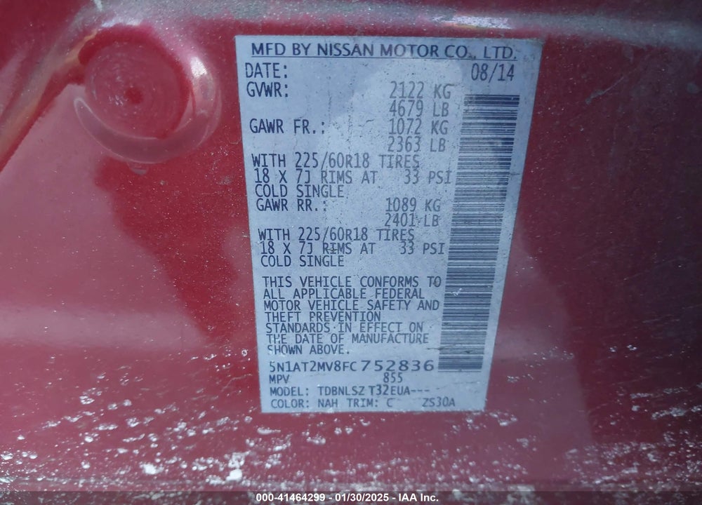 2015 NISSAN ROGUE SL VIN: 5N1AT2MV8FC752836