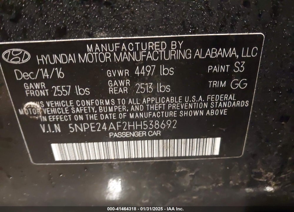 2017 HYUNDAI SONATA VIN: 5NPE24AF2HH538692