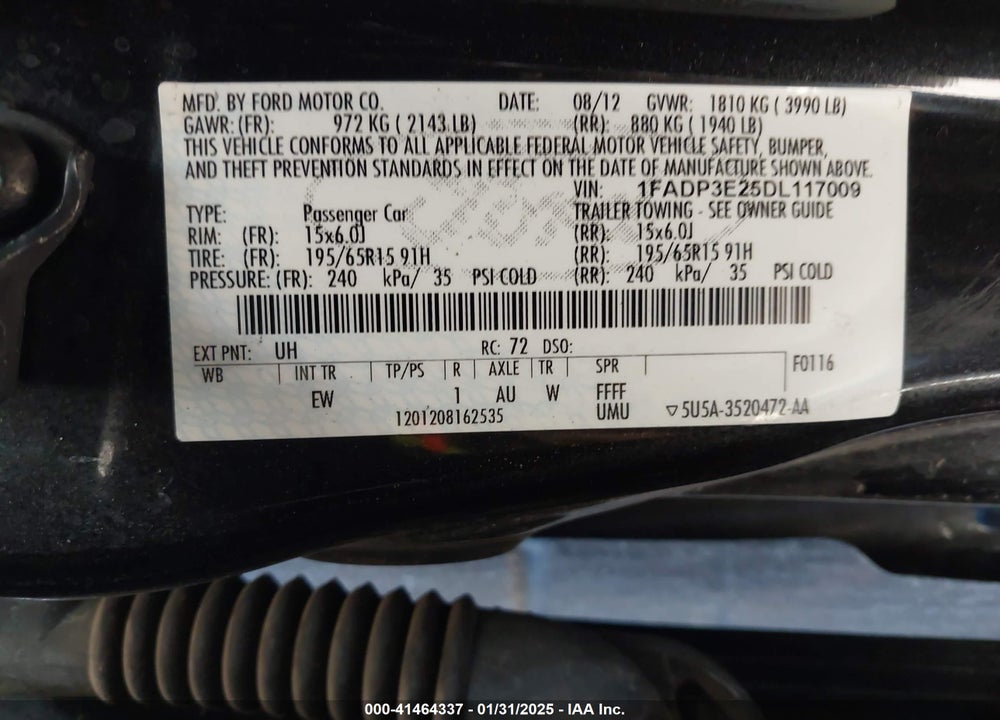 2013 FORD FOCUS VIN: 1FADP3E25DL117009