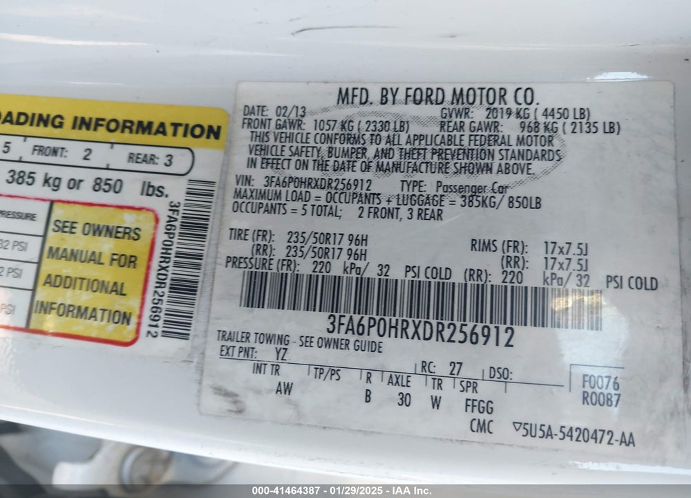 2013 FORD FUSION VIN: 3FA6P0HRXDR256912