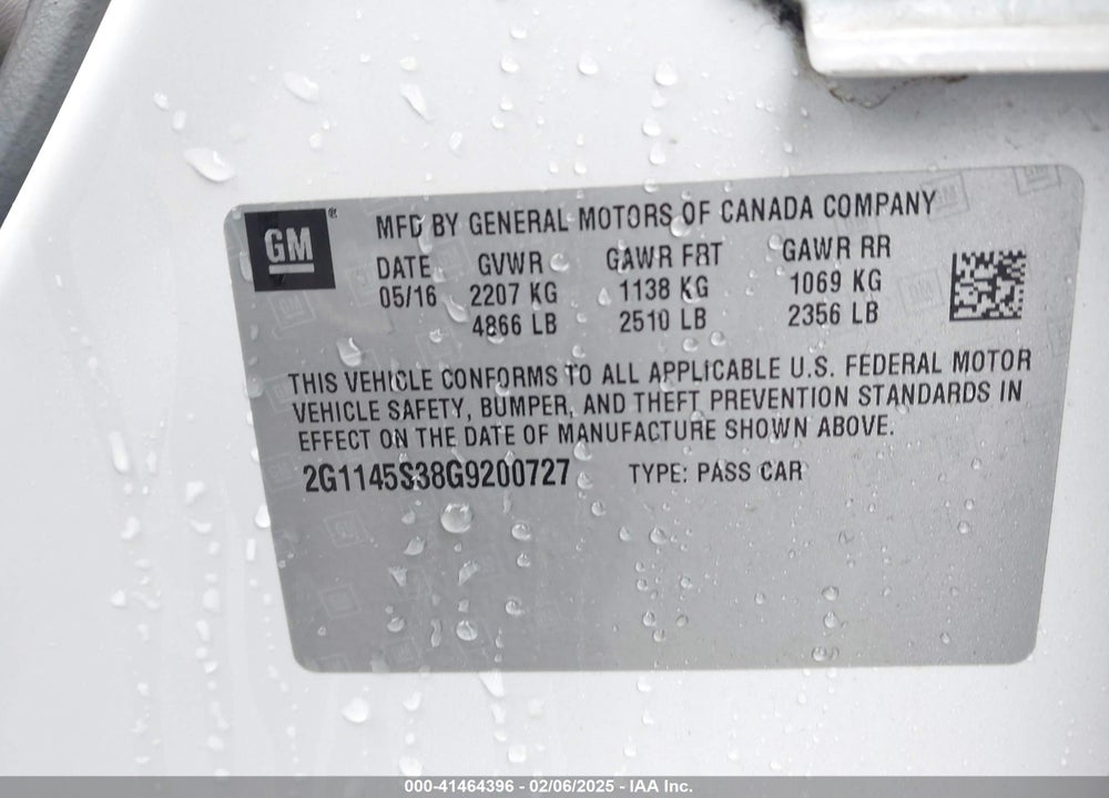 2016 CHEVROLET IMPALA VIN: 2G1145S38G9200727