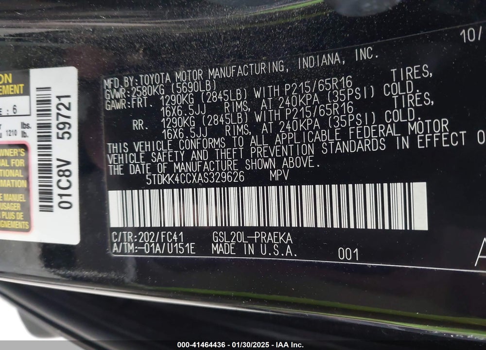 2010 TOYOTA SIENNA LE VIN: 5TDKK4CCXAS329626