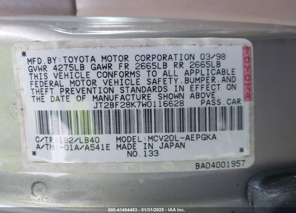 1998 TOYOTA CAMRY XLE V6 VIN: JT2BF28K7W0116628