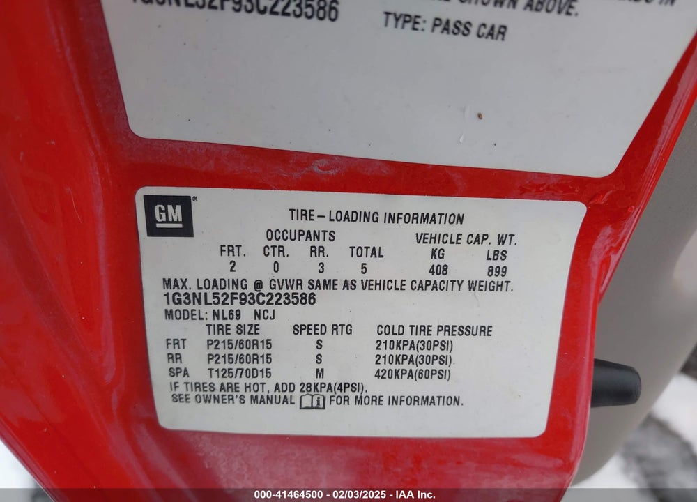 2003 OLDSMOBILE ALERO GL1 VIN: 1G3NL52F93C223586