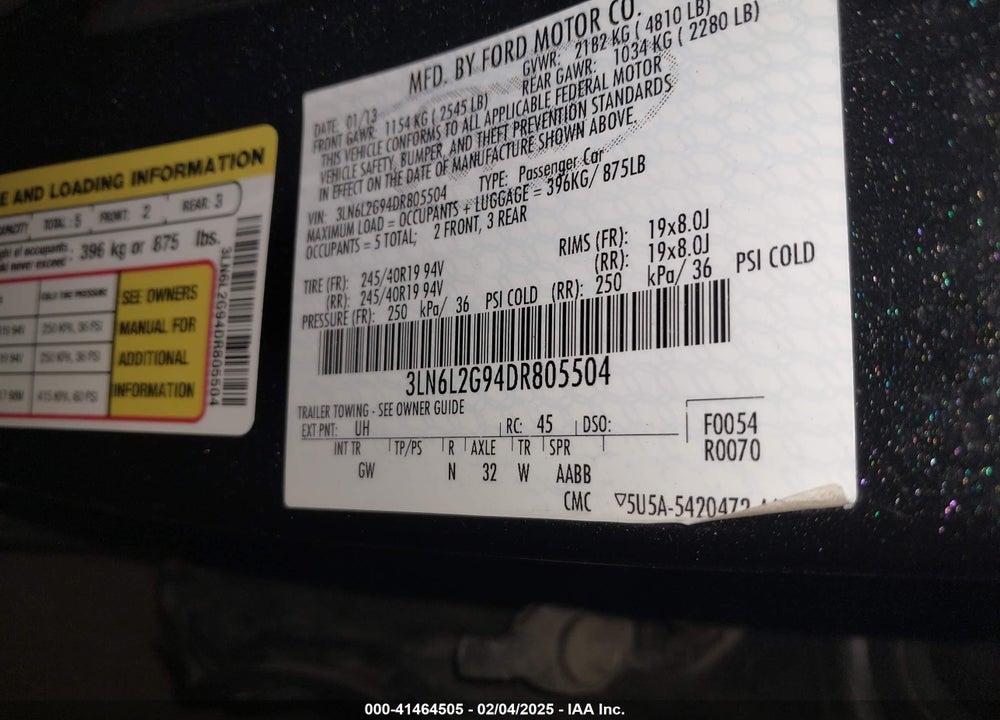 2013 LINCOLN MKZ VIN: 3LN6L2G94DR805504