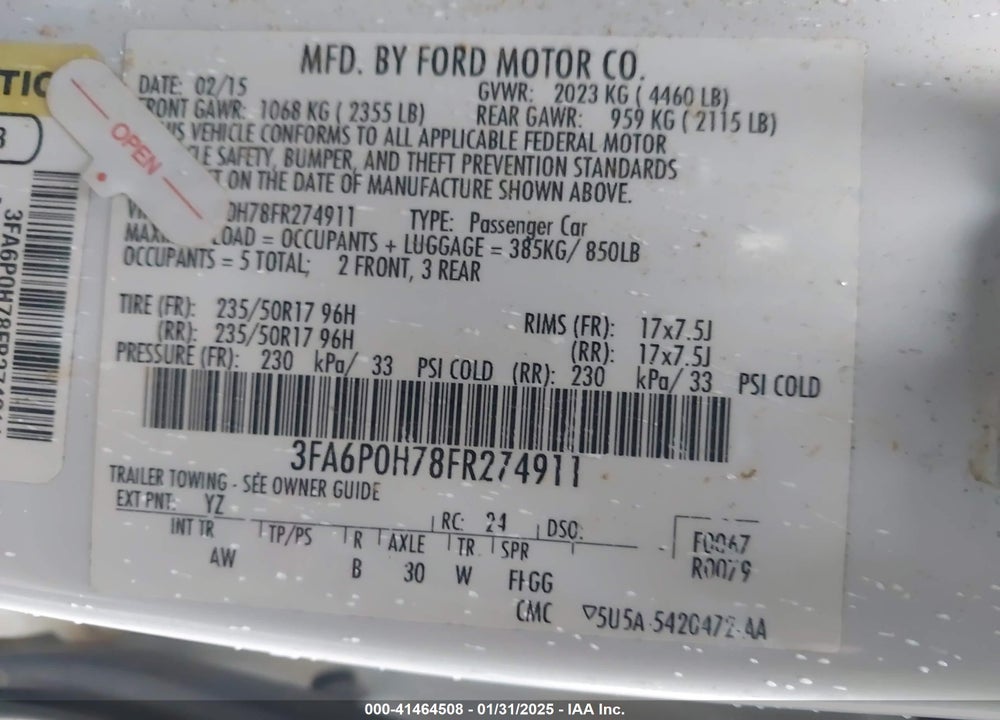 2015 FORD FUSION VIN: 3FA6P0H78FR274911