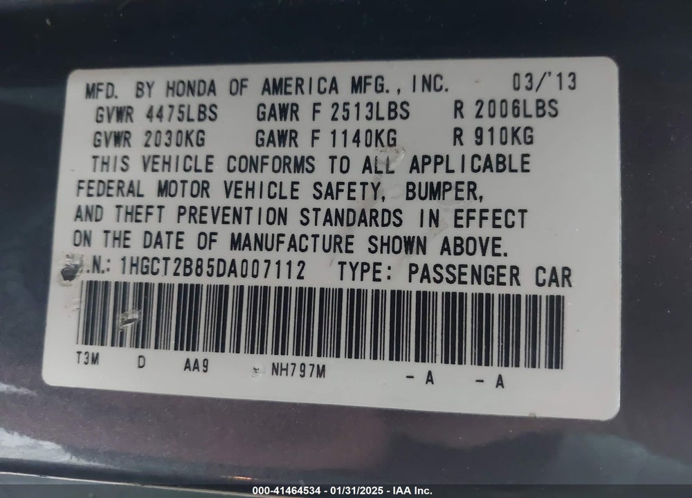 2013 HONDA ACCORD VIN: 1HGCT2B85DA007112