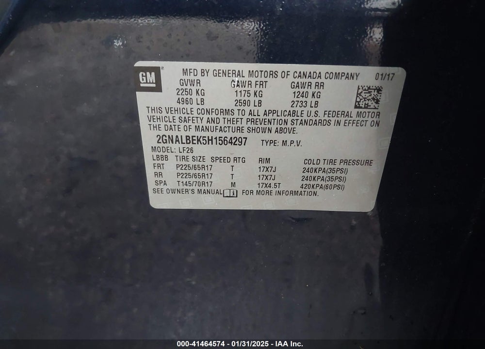 2017 CHEVROLET EQUINOX VIN: 2GNALBEK5H1564297