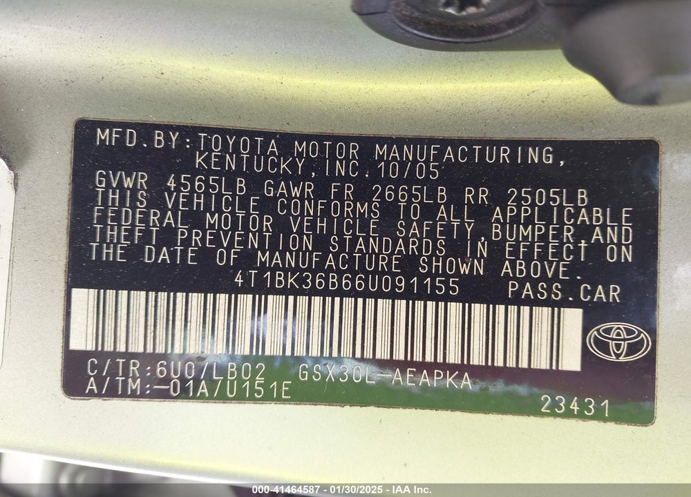 2006 TOYOTA AVALON LIMITED VIN: 4T1BK36B66U091155