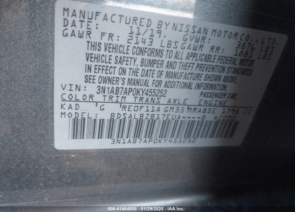 2019 NISSAN SENTRA VIN: 3N1AB7AP0KY455252