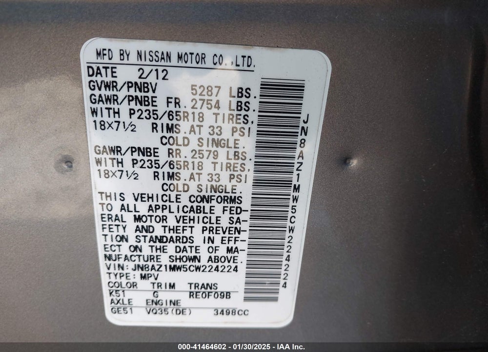 2012 NISSAN MURANO S VIN: JN8AZ1MW5CW224224