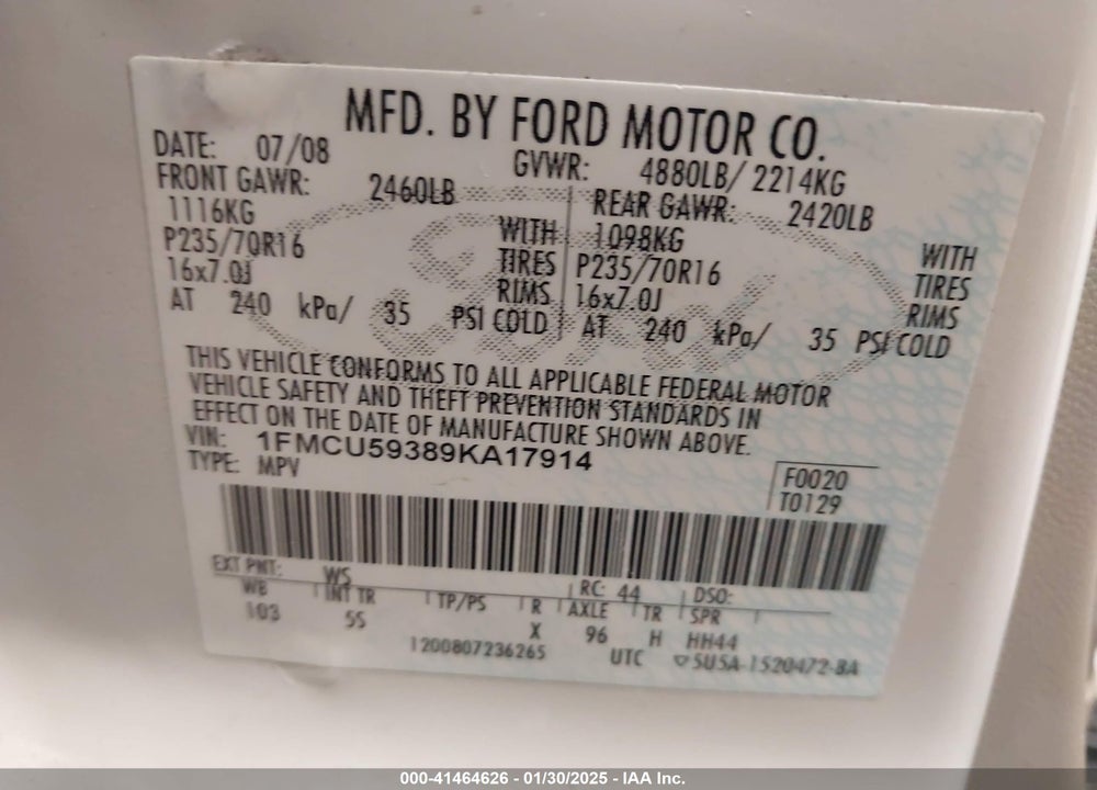2009 FORD ESCAPE HYBRID LIMITED VIN: 1FMCU59389KA17914