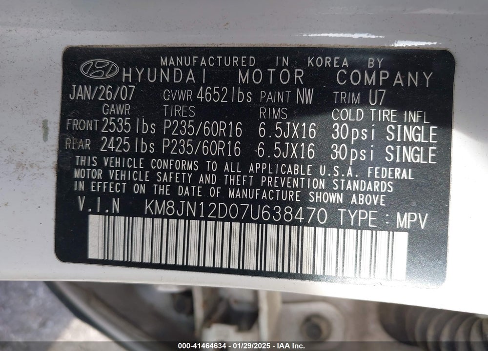 2007 HYUNDAI TUCSON LIMITED/SE VIN: KM8JN12D07U638470