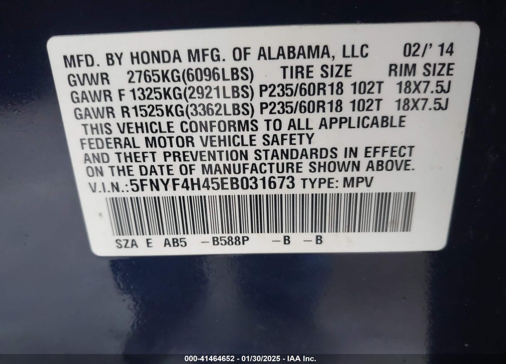 2014 HONDA PILOT EX VIN: 5FNYF4H45EB031673