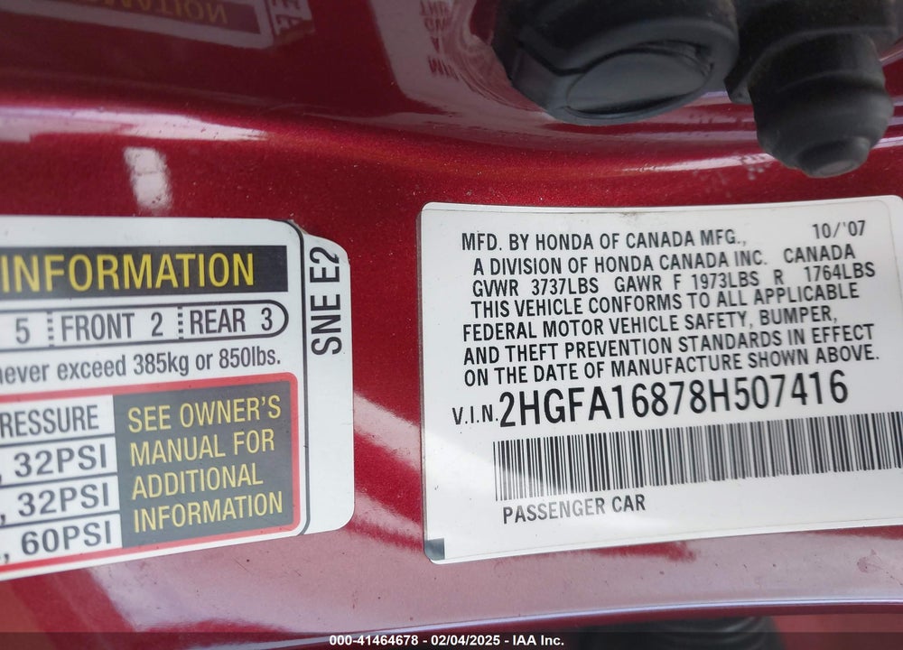 2008 HONDA CIVIC EX VIN: 2HGFA16878H507416
