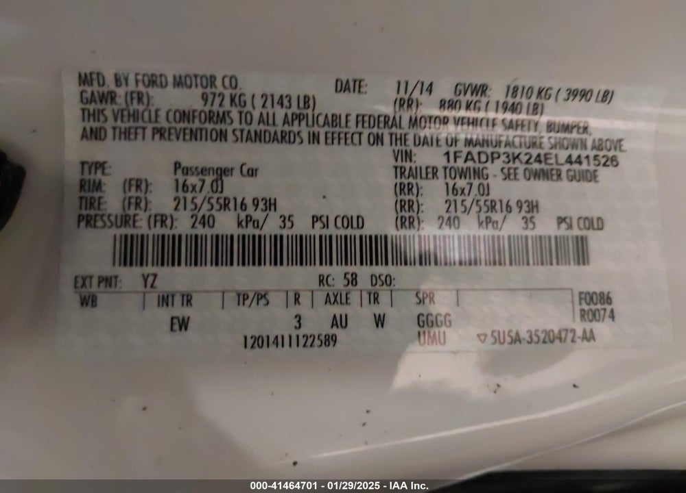 2014 FORD FOCUS VIN: 1FADP3K24EL441526