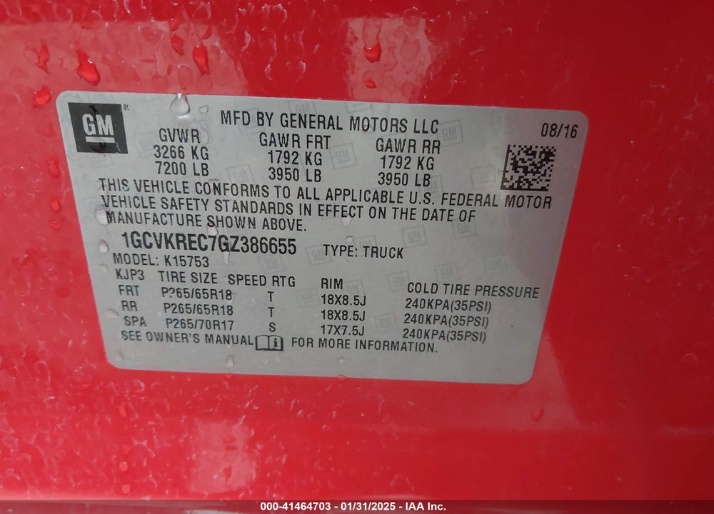 2016 CHEVROLET SILVERADO 1500 2LT VIN: 1GCVKREC7GZ386655