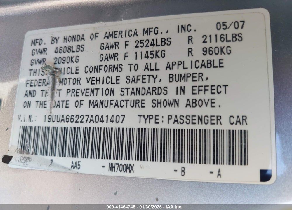 2007 ACURA TL 3.2 VIN: 19UUA66227A041407