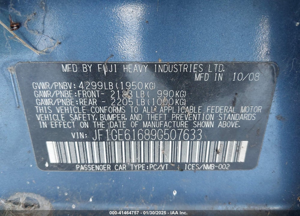 2009 SUBARU IMPREZA VIN: JF1GE61689G507633