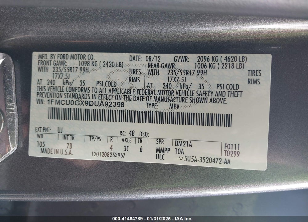 2013 FORD ESCAPE VIN: 1FMCU0GX9DUA92398