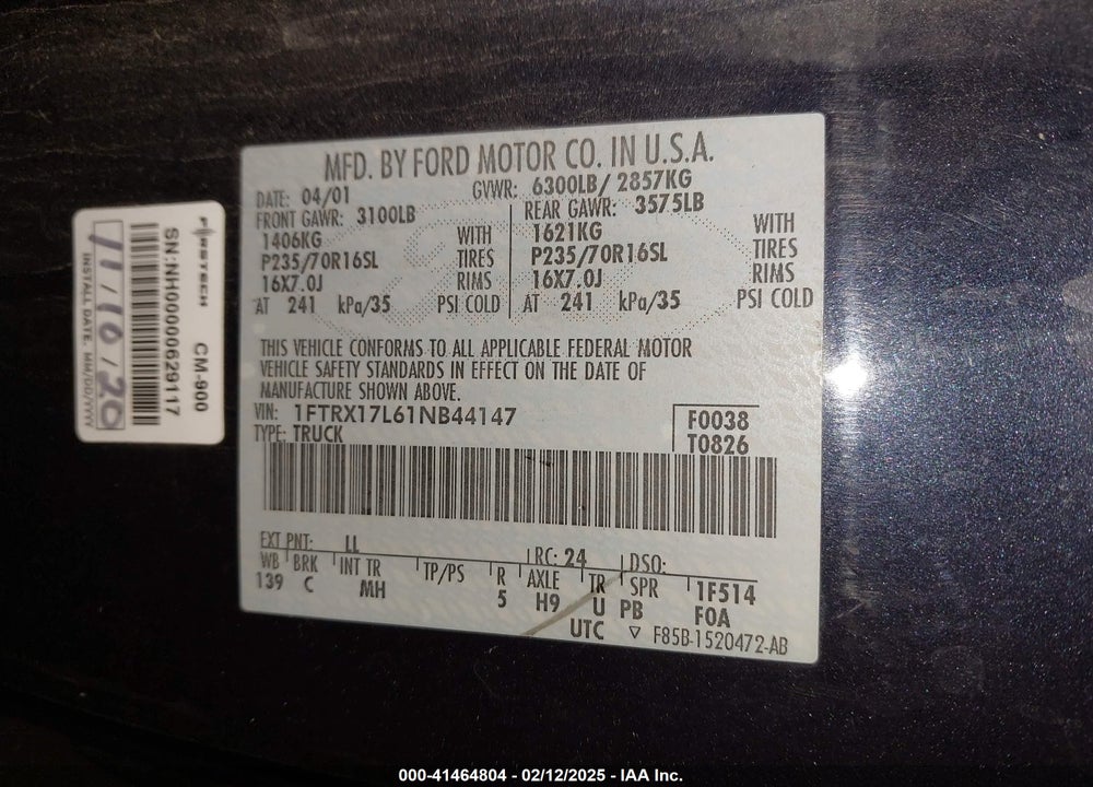 2001 FORD F-150 LARIAT/XL/XLT VIN: 1FTRX17L61NB44147