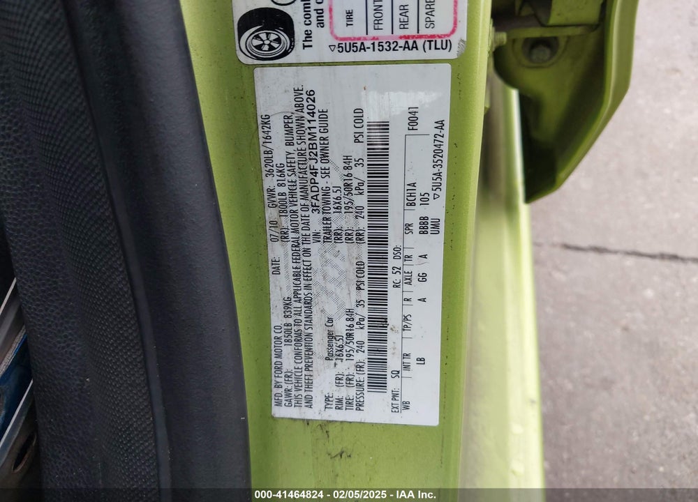 2011 FORD FIESTA VIN: 3FADP4FJ2BM114026