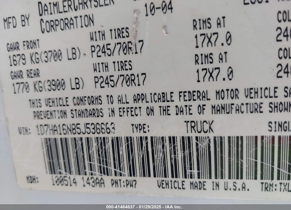 2005 DODGE RAM 1500 ST VIN: 1D7HA16N85J536663