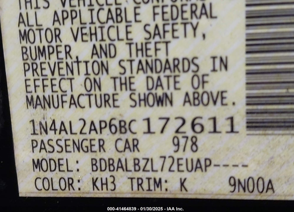 2011 NISSAN ALTIMA 2.5 S VIN: 1N4AL2AP6BC172611