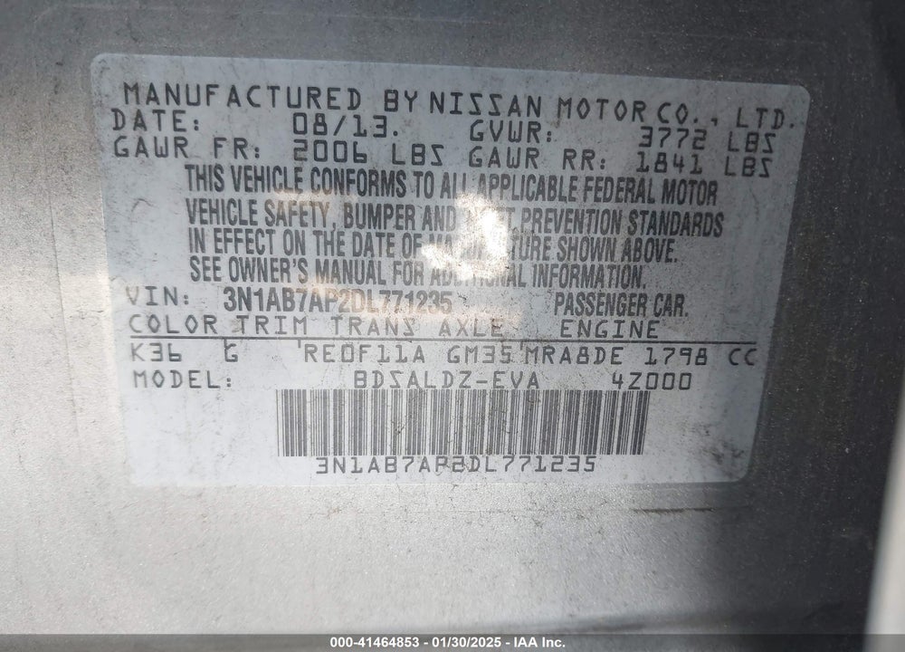2013 NISSAN SENTRA VIN: 3N1AB7AP2DL771235