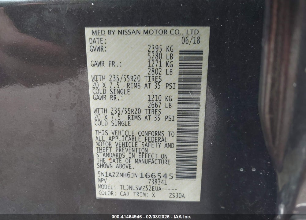 2018 NISSAN MURANO PLATINUM VIN: 5N1AZ2MH6JN166545