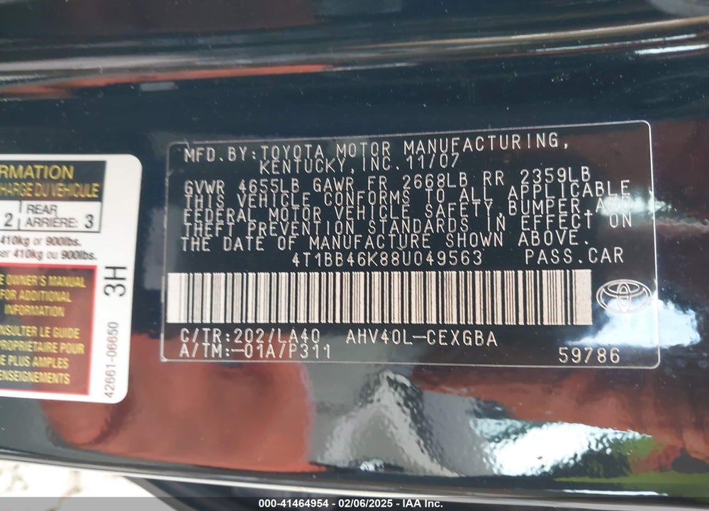 2008 TOYOTA CAMRY HYBRID VIN: 4T1BB46K88U049563
