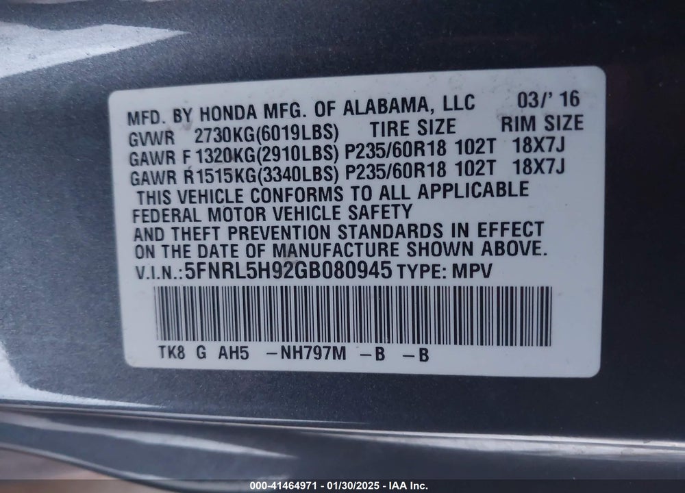 2016 HONDA ODYSSEY TOURING/TOURING ELITE VIN: 5FNRL5H92GB080945