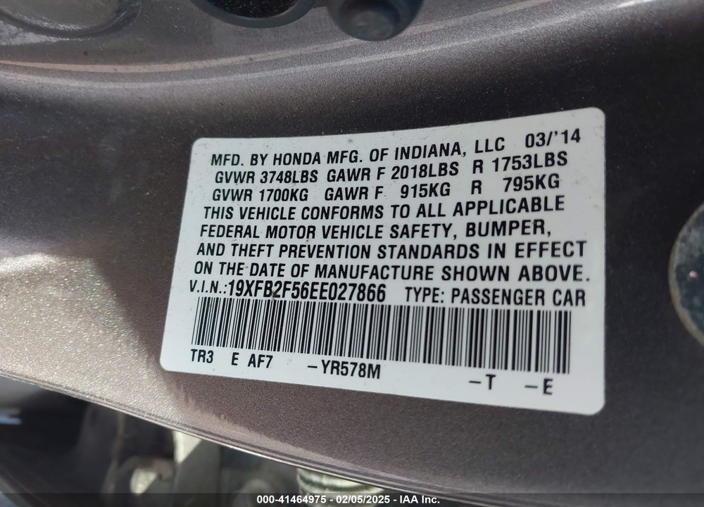 2014 HONDA CIVIC VIN: 19XFB2F56EE027866