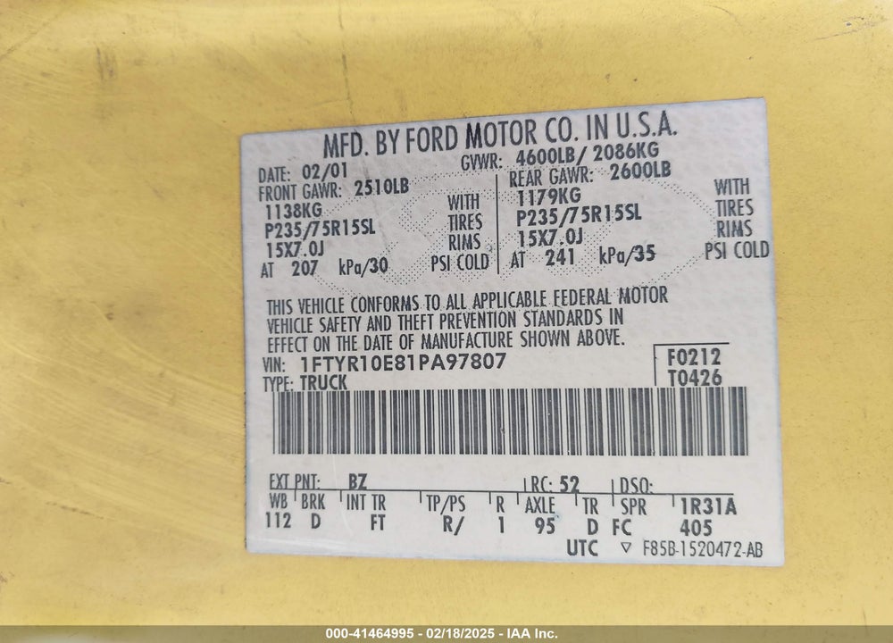 2001 FORD RANGER EDGE VIN: 1FTYR10E81PA97807