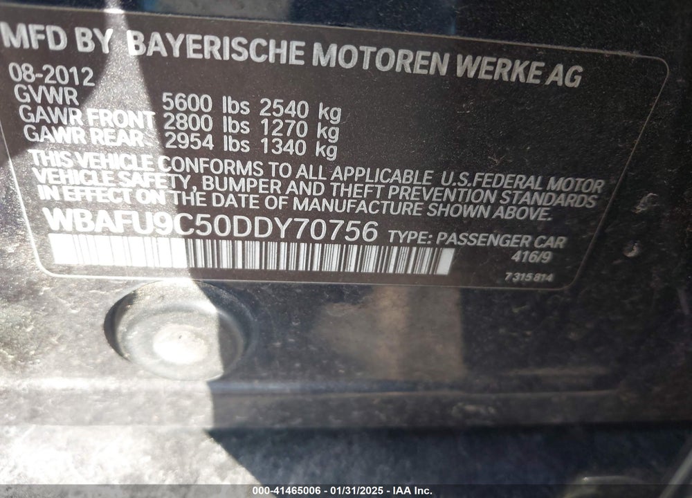 2013 BMW 550I VIN: WBAFU9C50DDY70756
