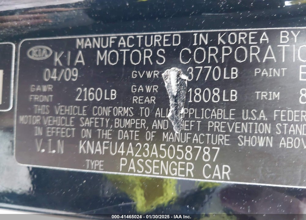 2010 KIA FORTE VIN: KNAFU4A23A5058787