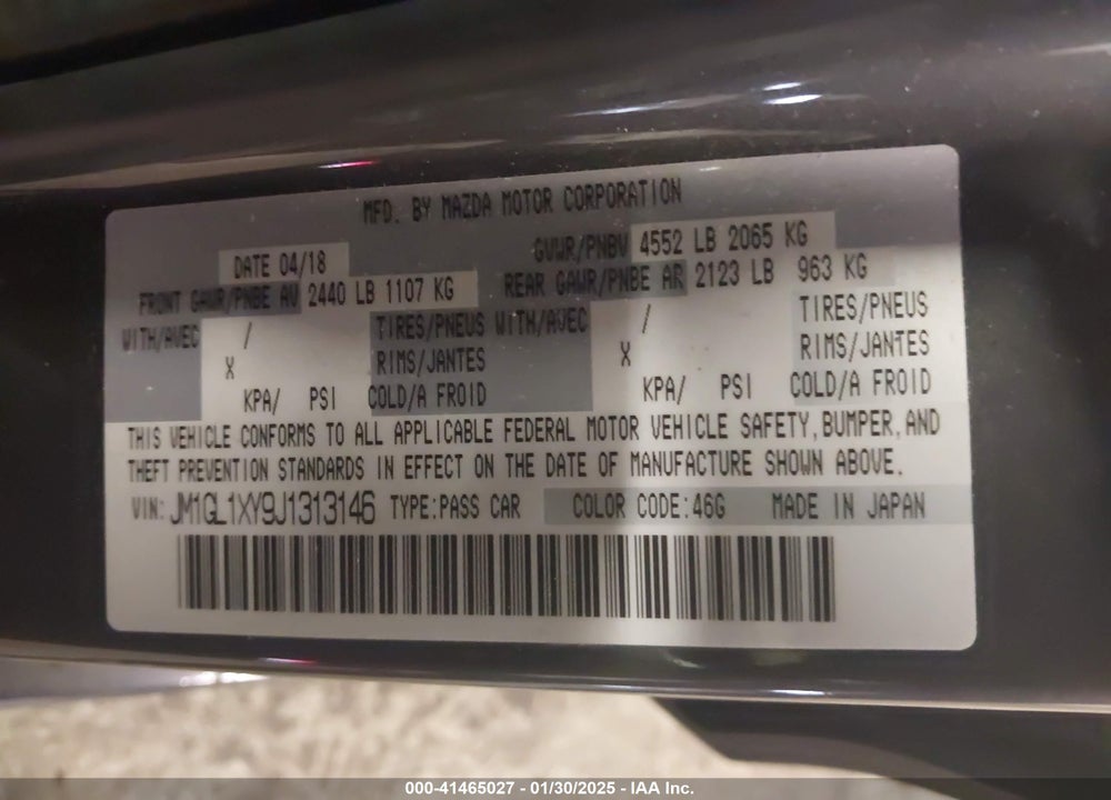 2018 MAZDA MAZDA6 VIN: JM1GL1XY9J1313146