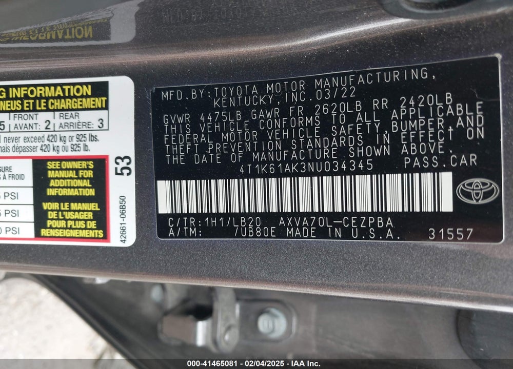 2022 TOYOTA CAMRY VIN: 4T1K61AK3NU034345