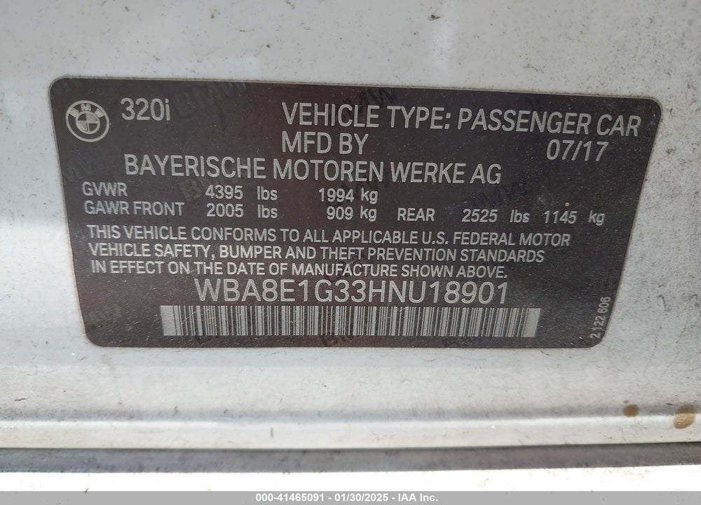 2017 BMW 320I VIN: WBA8E1G33HNU18901