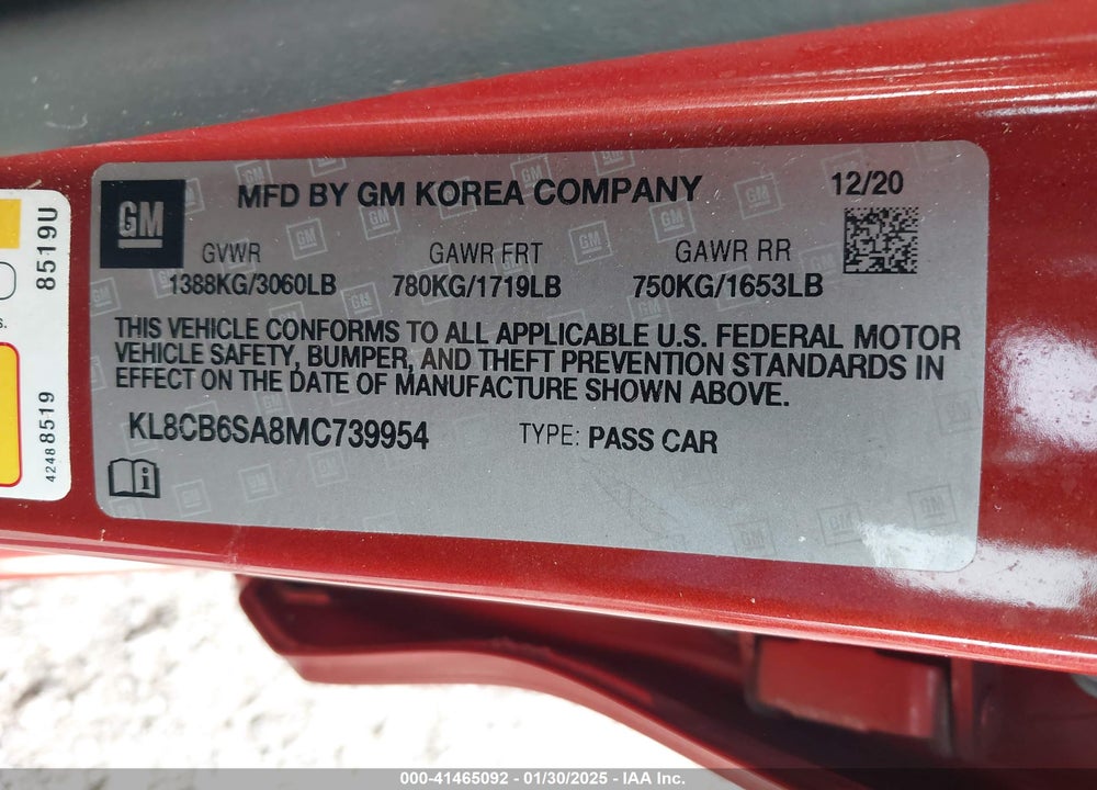 2021 CHEVROLET SPARK FWD LS AUTOMATIC VIN: KL8CB6SA8MC739954