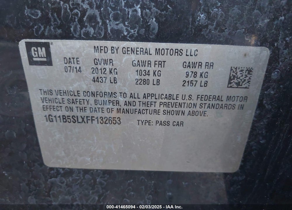 2015 CHEVROLET MALIBU VIN: 1G11B5SLXFF132653