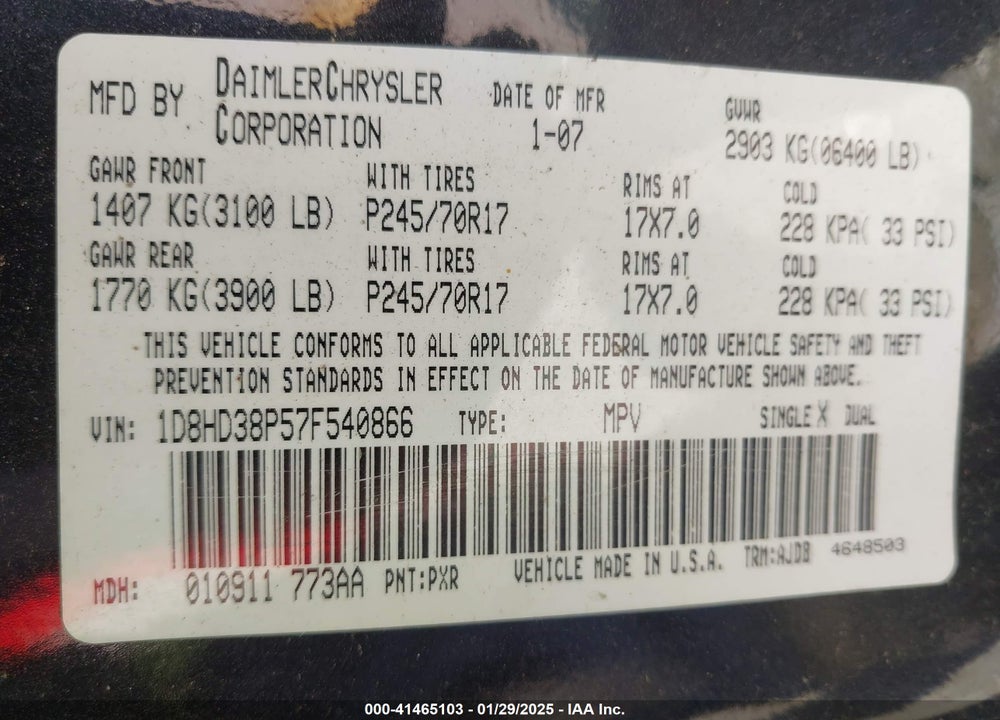 2007 DODGE DURANGO SXT VIN: 1D8HD38P57F540866