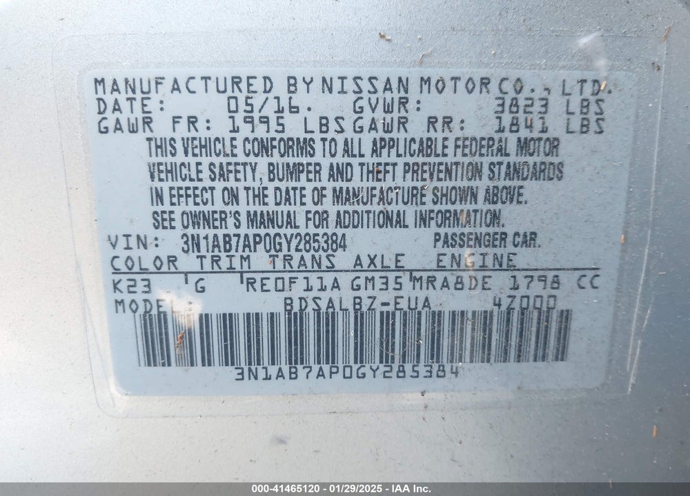 2016 NISSAN SENTRA VIN: 3N1AB7AP0GY285384