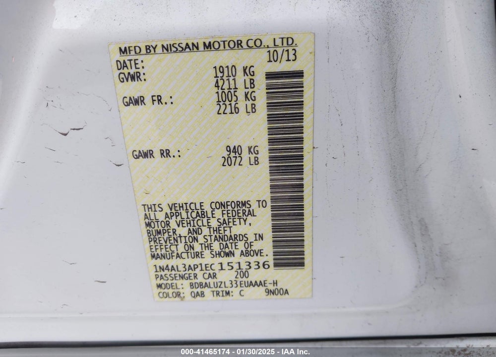 2014 NISSAN ALTIMA 2.5 SV VIN: 1N4AL3AP1EC151336